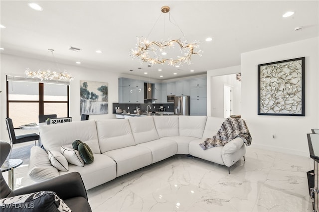 20321 Fair Oak Ln, Estero, FL 33928 - living room with recessed lighting, marble finish floor, visible vents, baseboards, and a notable chandelier