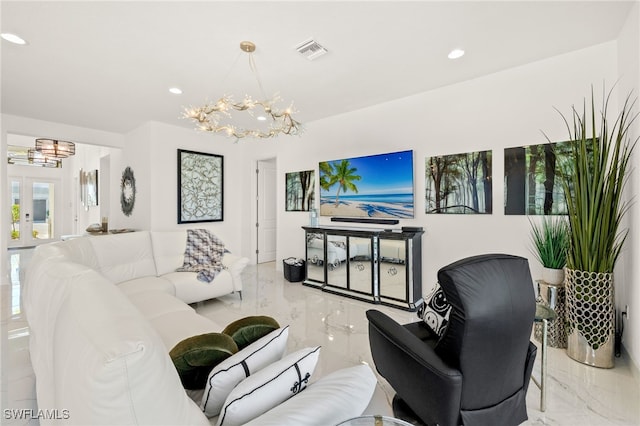 20321 Fair Oak Ln, Estero, FL 33928 - living room featuring marble finish floor, an inviting chandelier, visible vents, and recessed lighting
