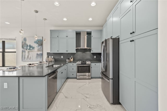 20321 Fair Oak Ln, Estero, FL 33928 - kitchen with wall chimney range hood, marble finish floor, stainless steel appliances, a peninsula, and recessed lighting
