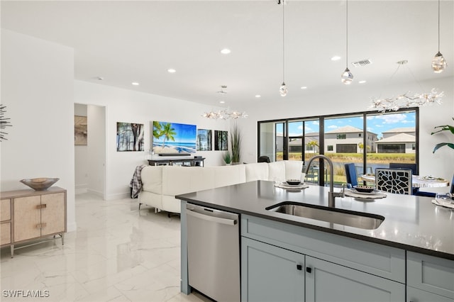 20321 Fair Oak Ln, Estero, FL 33928 - kitchen featuring stainless steel dishwasher, dark countertops, a sink, open floor plan, and recessed lighting