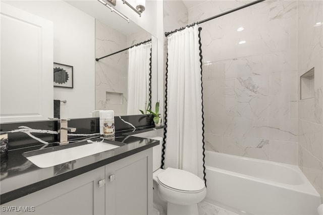 20321 Fair Oak Ln, Estero, FL 33928 - bathroom featuring marble finish floor, toilet, vanity, and shower / bath combination with curtain