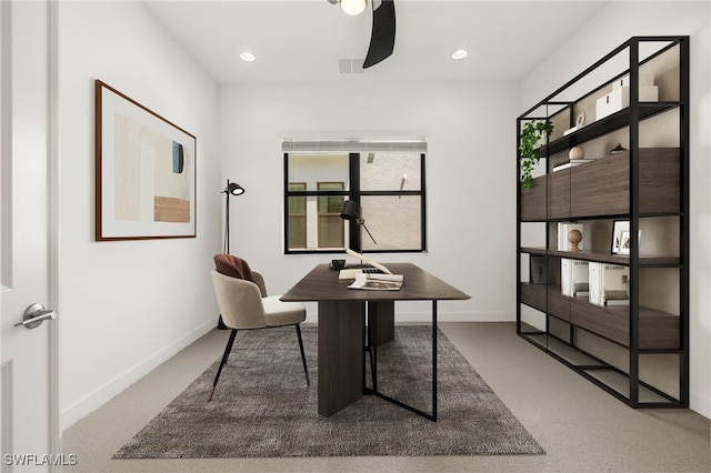 20321 Fair Oak Ln, Estero, FL 33928 - office area with baseboards, a ceiling fan, visible vents, and recessed lighting