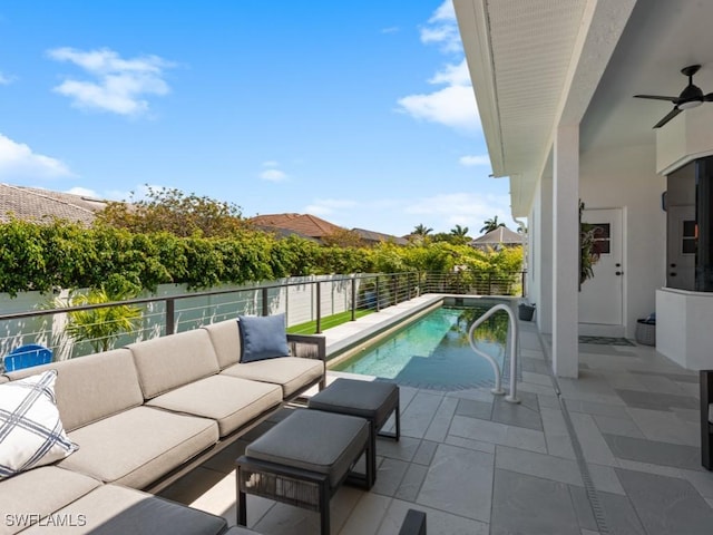 exterior space with an outdoor living space, a ceiling fan, a fenced in pool, and a patio