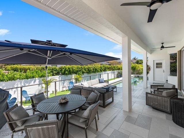 view of patio with a fenced in pool, a ceiling fan, a fenced backyard, an outdoor hangout area, and outdoor dining space