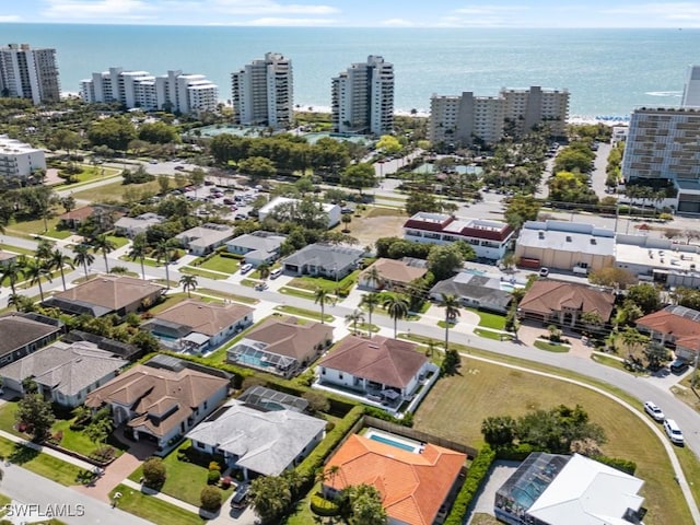 drone / aerial view with a city view and a water view