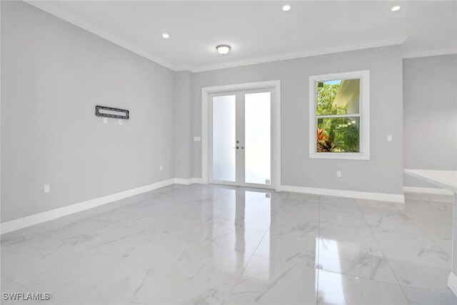 4140 31st Ave NE, Naples, FL 34120 - unfurnished room with marble finish floor, french doors, baseboards, ornamental molding, and recessed lighting