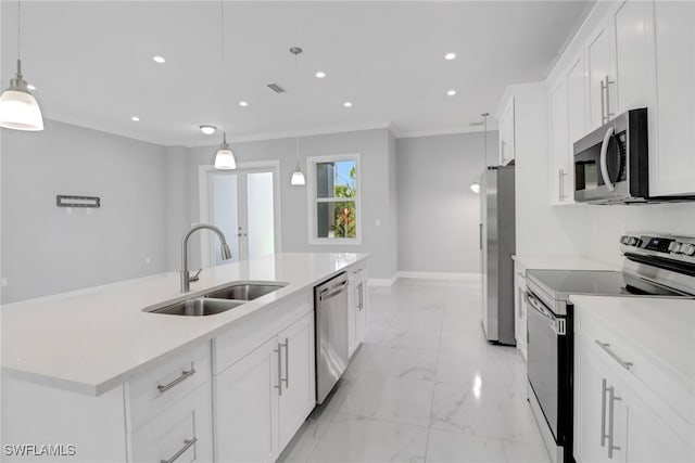 4140 31st Ave NE, Naples, FL 34120 - kitchen featuring stainless steel appliances, marble finish floor, a sink, and white cabinetry