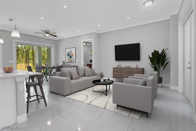 4140 31st Ave NE, Naples, FL 34120 - living area featuring a ceiling fan, marble finish floor, baseboards, visible vents, and recessed lighting