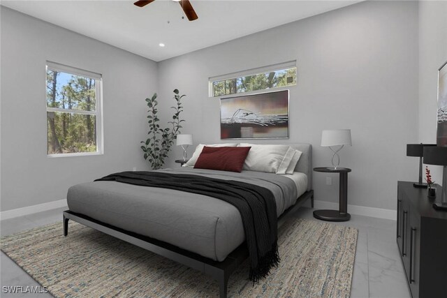 4140 31st Ave NE, Naples, FL 34120 - bedroom featuring recessed lighting, marble finish floor, baseboards, and ceiling fan