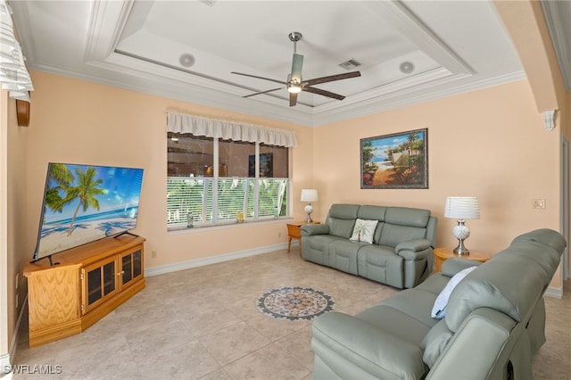 5302 SW 27th Pl, Cape Coral, FL 33914 - tiled living area featuring a tray ceiling, a ceiling fan, crown molding, and baseboards