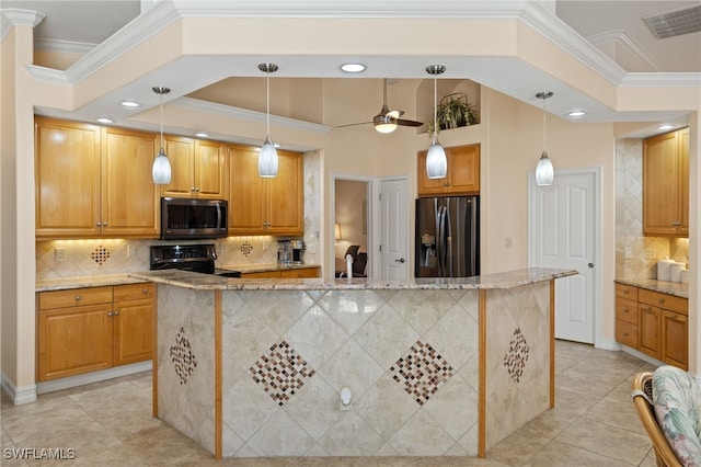 5302 SW 27th Pl, Cape Coral, FL 33914 - kitchen with fridge with ice dispenser, stainless steel microwave, electric range, ornamental molding, and light tile patterned flooring