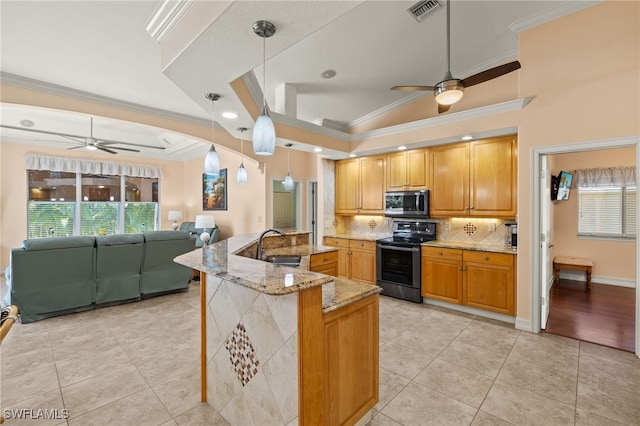 5302 SW 27th Pl, Cape Coral, FL 33914 - kitchen featuring electric stove, a ceiling fan, stainless steel microwave, ornamental molding, and tasteful backsplash