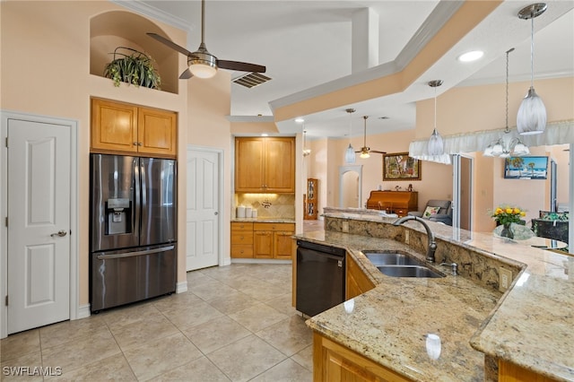 5302 SW 27th Pl, Cape Coral, FL 33914 - kitchen with stainless steel refrigerator with ice dispenser, dishwasher, a sink, a ceiling fan, and light tile patterned floors