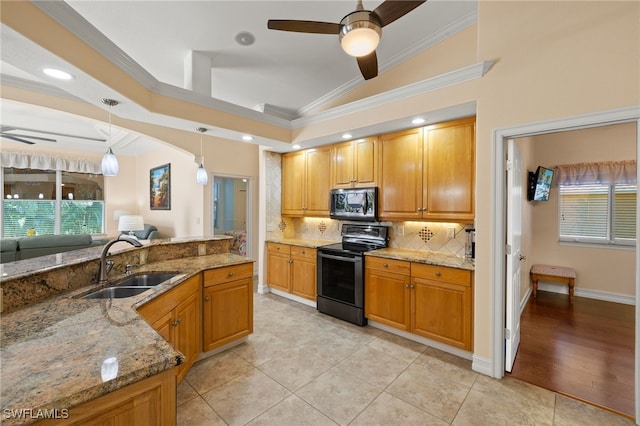 5302 SW 27th Pl, Cape Coral, FL 33914 - kitchen with electric range, ceiling fan, a sink, stainless steel microwave, and ornamental molding
