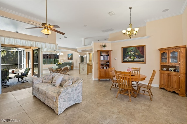 5302 SW 27th Pl, Cape Coral, FL 33914 - living room featuring a chandelier, a ceiling fan, arched walkways, ornamental molding, and light tile patterned flooring