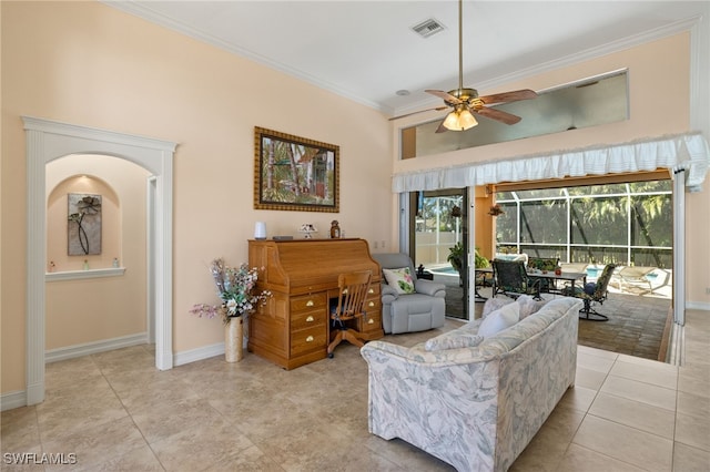 5302 SW 27th Pl, Cape Coral, FL 33914 - living area featuring ceiling fan, crown molding, plenty of natural light, light tile patterned floors, and baseboards