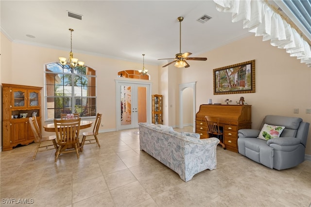 5302 SW 27th Pl, Cape Coral, FL 33914 - living room featuring ornamental molding, a chandelier, light tile patterned floors, a ceiling fan, and baseboards