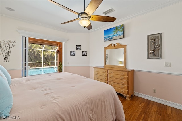 5302 SW 27th Pl, Cape Coral, FL 33914 - bedroom featuring access to outside, crown molding, wood finished floors, baseboards, and a ceiling fan