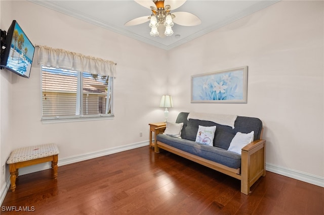 5302 SW 27th Pl, Cape Coral, FL 33914 - living area with crown molding, baseboards, wood finished floors, and ceiling fan