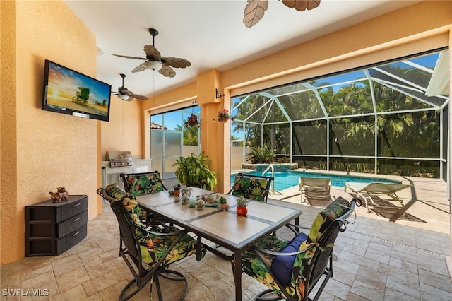 5302 SW 27th Pl, Cape Coral, FL 33914 - view of patio with a ceiling fan, outdoor dining space, an outdoor pool, and a lanai