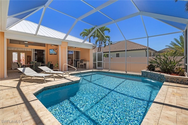 5302 SW 27th Pl, Cape Coral, FL 33914 - view of swimming pool featuring ceiling fan, a patio area, and glass enclosure