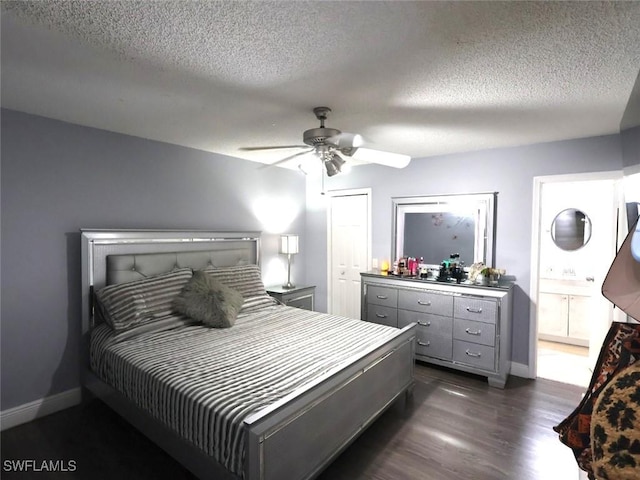 9170 24th Pl, Sunrise, FL 33322 - bedroom featuring a textured ceiling, ceiling fan, baseboards, and dark wood-style floors