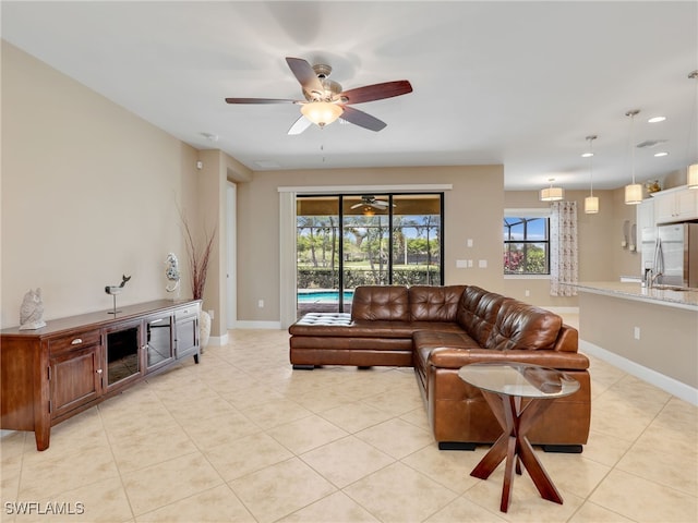 13530 Villa Di Preserve Ln, Estero, FL 33928 - living area featuring a ceiling fan, light tile patterned floors, and recessed lighting