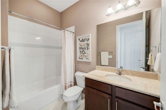 3267 Pacific Dr, Naples, FL 34119 - bathroom featuring vanity, toilet, shower / bath combination with curtain, and tile patterned flooring