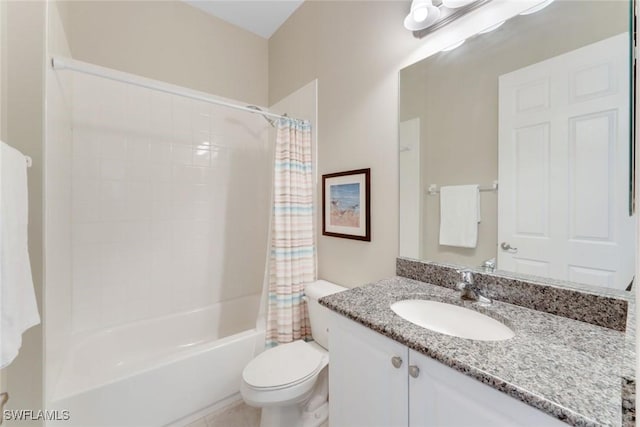 bathroom with shower / bath combination with curtain, toilet, and vanity