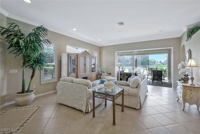 12732 Fox Ridge Dr, Bonita Springs, FL 34135 - living area featuring baseboards, recessed lighting, light tile patterned floors, crown molding, and visible vents