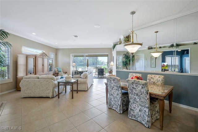 12732 Fox Ridge Dr, Bonita Springs, FL 34135 - dining room with visible vents, baseboards, light tile patterned floors, crown molding, and recessed lighting