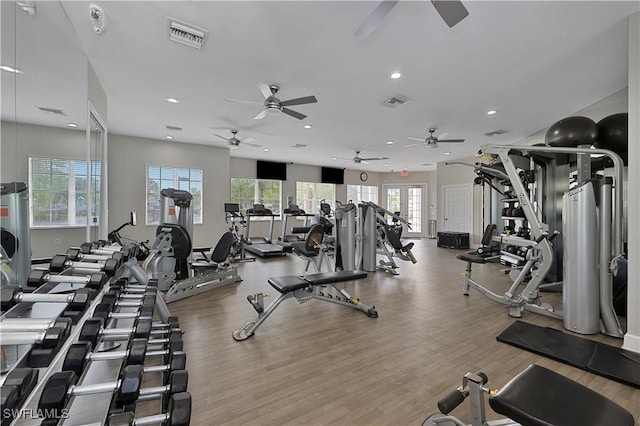 15890 Delasol Ln, Naples, FL 34110 - gym with a ceiling fan, recessed lighting, and wood finished floors