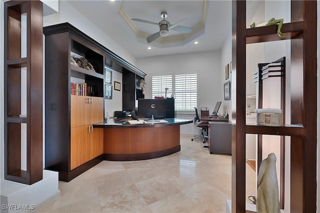 15890 Delasol Ln, Naples, FL 34110 - home office with ceiling fan, crown molding, a tray ceiling, and recessed lighting