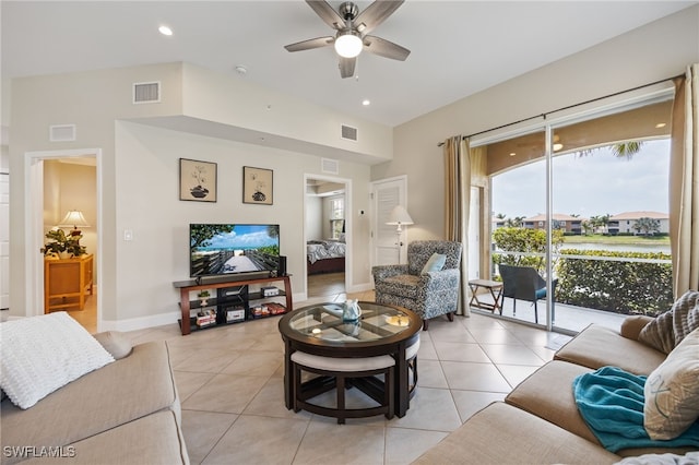 18276 Creekside Preserve Loop Unit 102, Fort Myers, FL 33908 - living room featuring light tile patterned floors, a ceiling fan, and recessed lighting