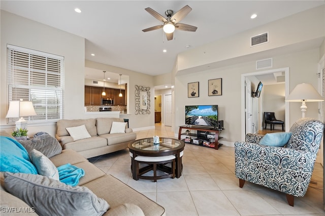 18276 Creekside Preserve Loop Unit 102, Fort Myers, FL 33908 - living room with light tile patterned flooring, a ceiling fan, and recessed lighting