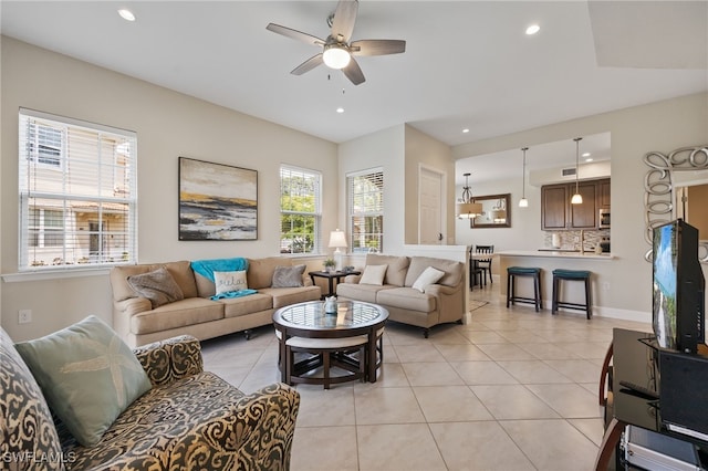 18276 Creekside Preserve Loop Unit 102, Fort Myers, FL 33908 - living room featuring light tile patterned flooring, a ceiling fan, and recessed lighting