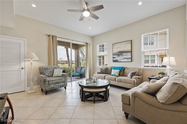 18276 Creekside Preserve Loop Unit 102, Fort Myers, FL 33908 - living area with a ceiling fan, light tile patterned flooring, and recessed lighting