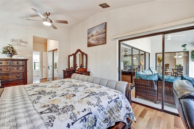 1803 Golfside Village Dr, Lehigh Acres, FL 33936 - bedroom with vaulted ceiling, light wood finished floors, access to outside, and a ceiling fan