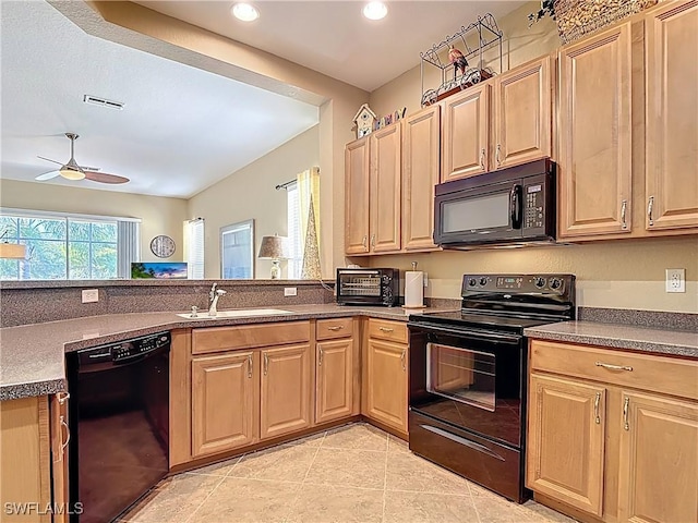 13885 Cleto Dr, Estero, FL 33928 - kitchen with recessed lighting, black appliances, visible vents, a sink, and light brown cabinetry