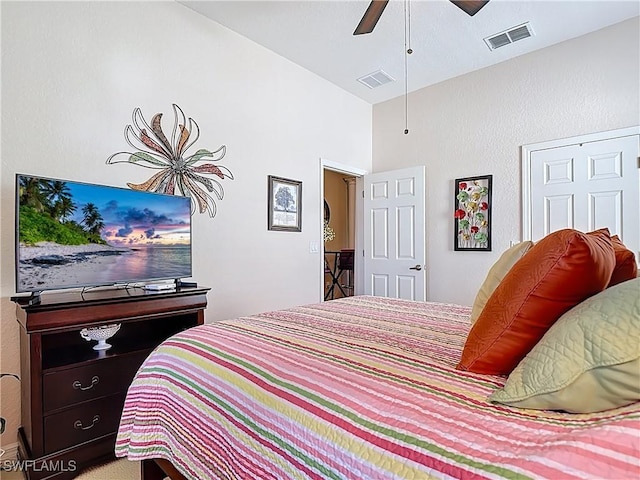 13885 Cleto Dr, Estero, FL 33928 - bedroom featuring visible vents, a ceiling fan, and vaulted ceiling