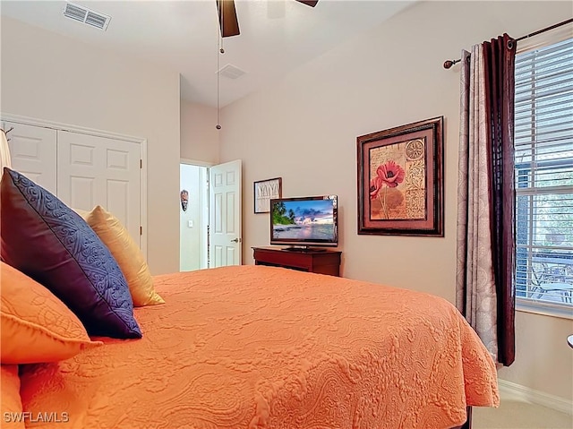 13885 Cleto Dr, Estero, FL 33928 - bedroom with a ceiling fan, multiple windows, and visible vents