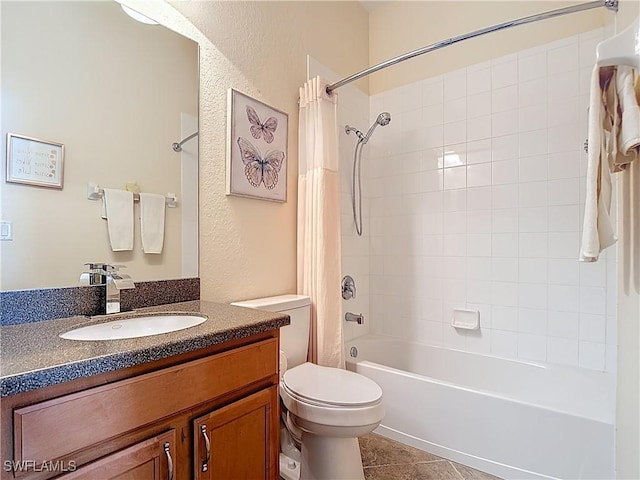 13885 Cleto Dr, Estero, FL 33928 - full bathroom with vanity, a textured wall, tile patterned flooring, toilet, and shower / bathtub combination with curtain