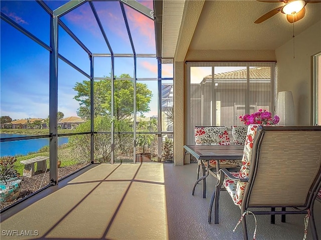 13885 Cleto Dr, Estero, FL 33928 - sunroom featuring a water view and a ceiling fan