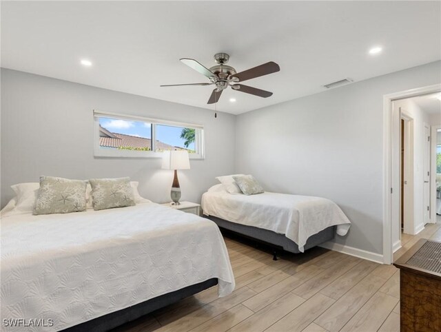 14701 Eden St, Fort Myers, FL 33908 - bedroom with baseboards, visible vents, recessed lighting, light wood-style floors, and ceiling fan