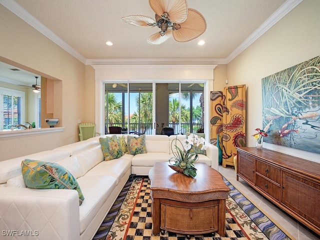 2325 Mont Claire Dr Unit 201, Naples, FL 34109 - living room with a ceiling fan, ornamental molding, and recessed lighting