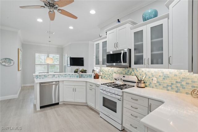 kitchen with backsplash, appliances with stainless steel finishes, light countertops, light wood finished floors, and a peninsula