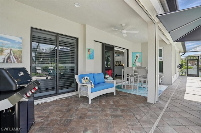view of patio / terrace featuring a ceiling fan, an outdoor hangout area, and a grill