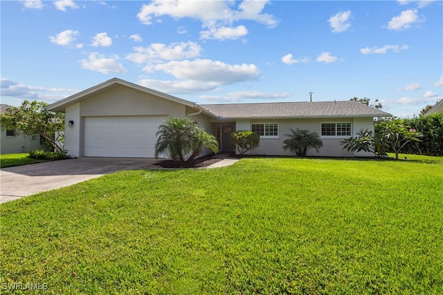 ranch-style house with concrete driveway, a front yard, stucco siding, and an attached garage