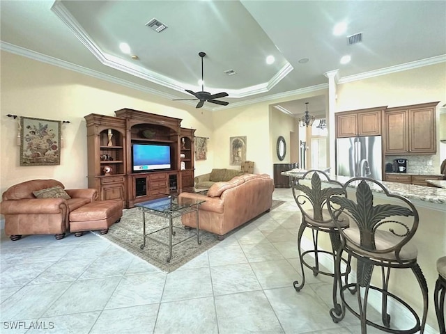12125 Via Cercina Dr, Bonita Springs, FL 34135 - living room with visible vents, ornamental molding, and ceiling fan