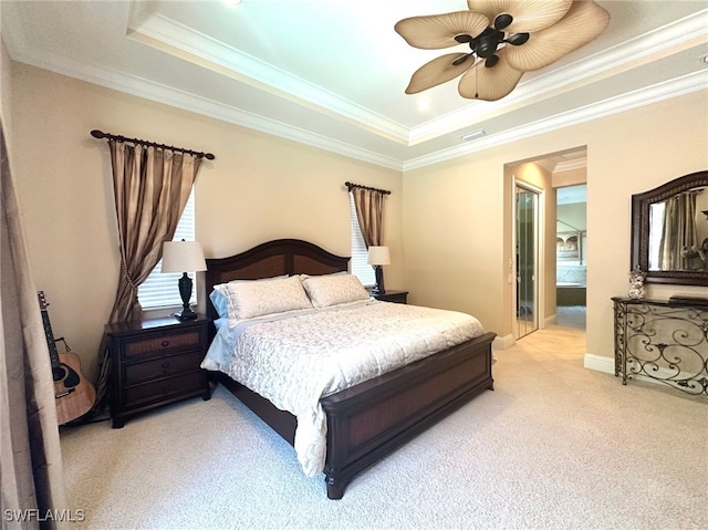 12125 Via Cercina Dr, Bonita Springs, FL 34135 - bedroom featuring visible vents, light colored carpet, a raised ceiling, and crown molding